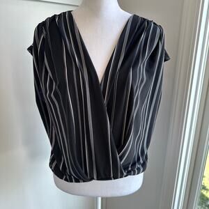 Leith Black White Stripe Cap Sleeve Wrap Style Blouse Top Large